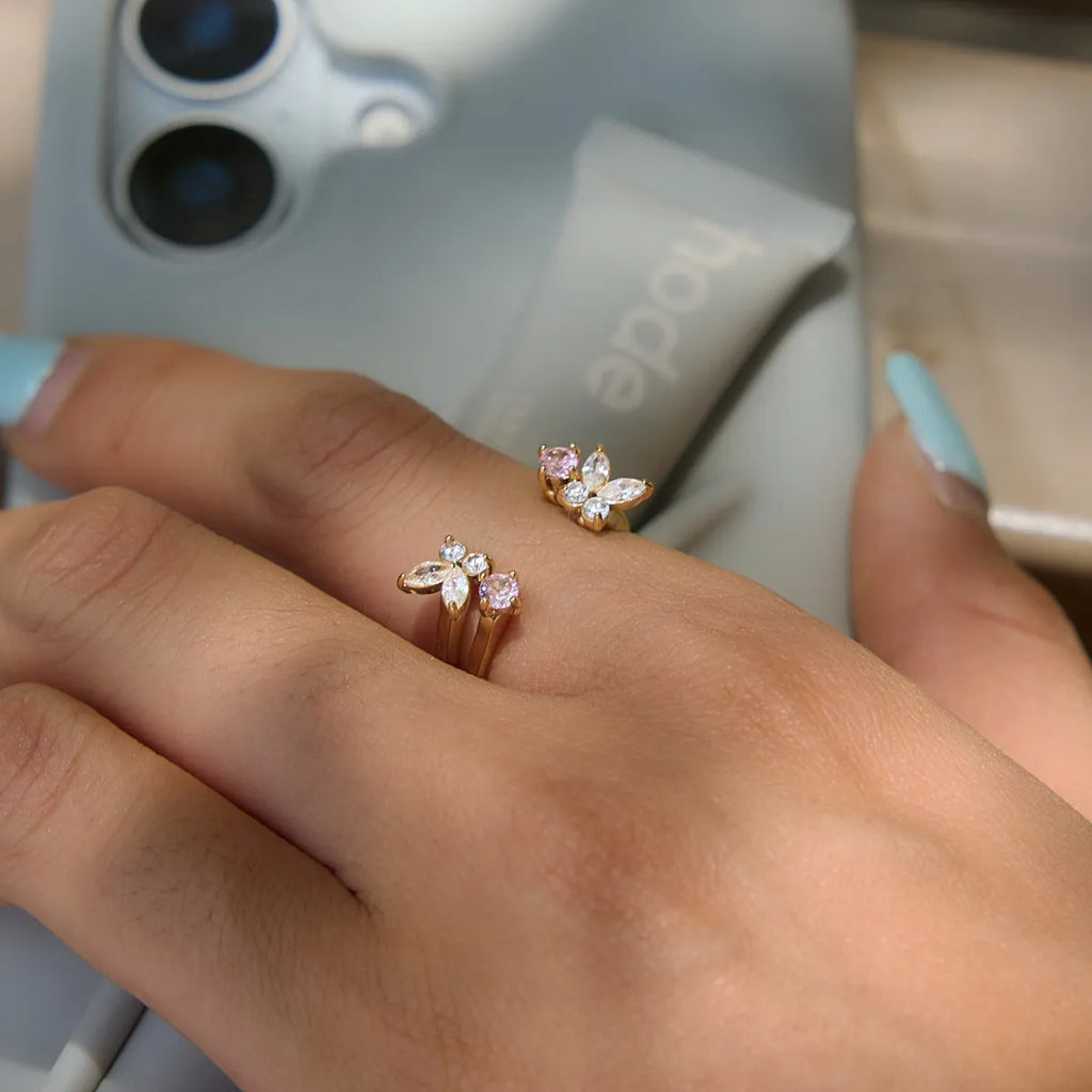 Butterfly & Floral CZ Open Ring Collection – Waterproof 18K Gold
