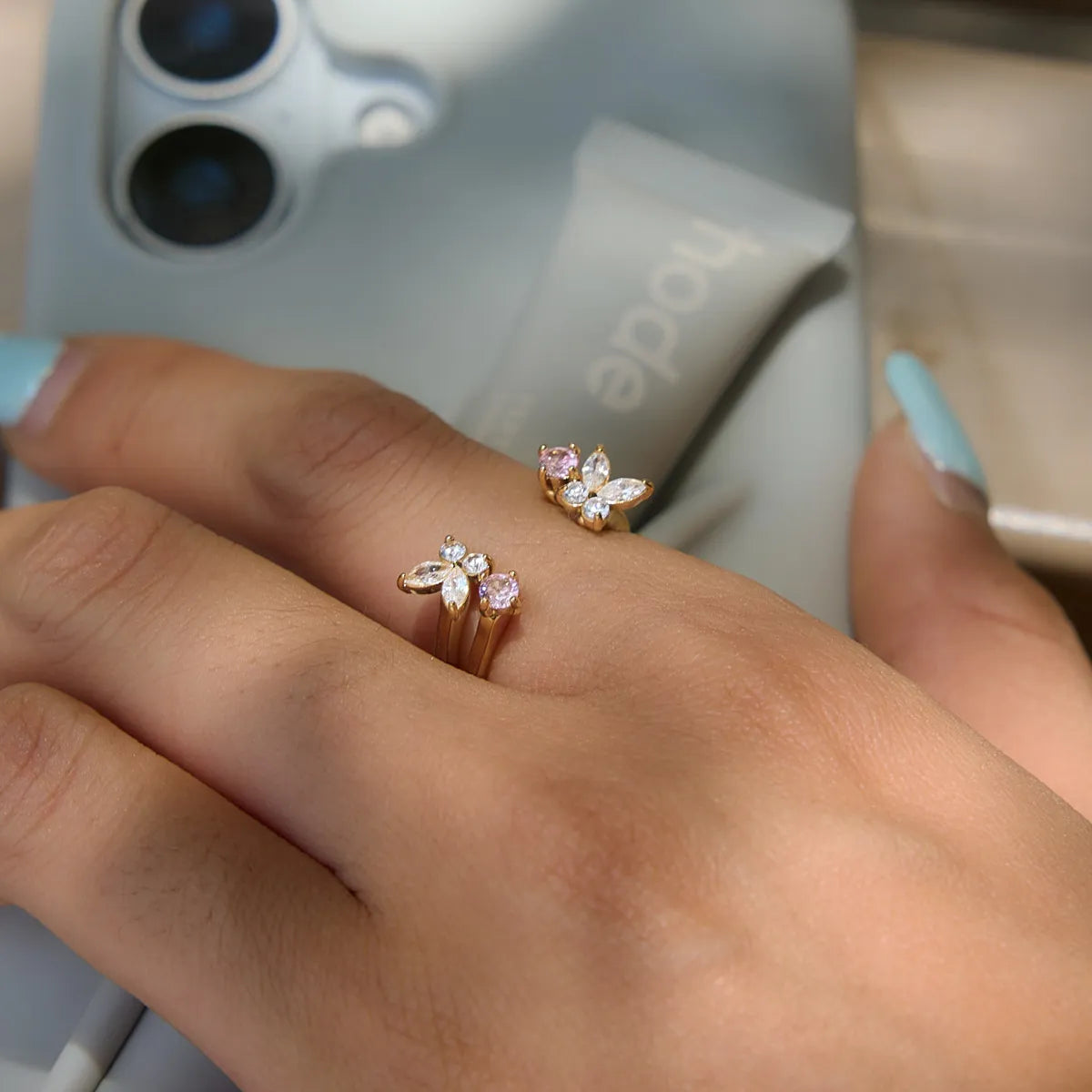 Butterfly & Floral CZ Open Ring Collection – Waterproof 18K Gold