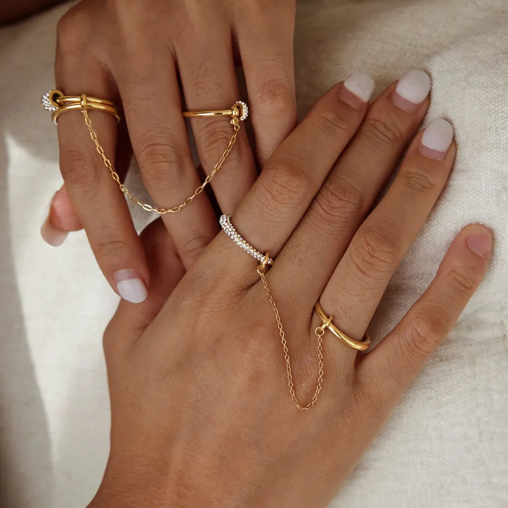 Waterproof Double Finger CZ Chain Link Ring