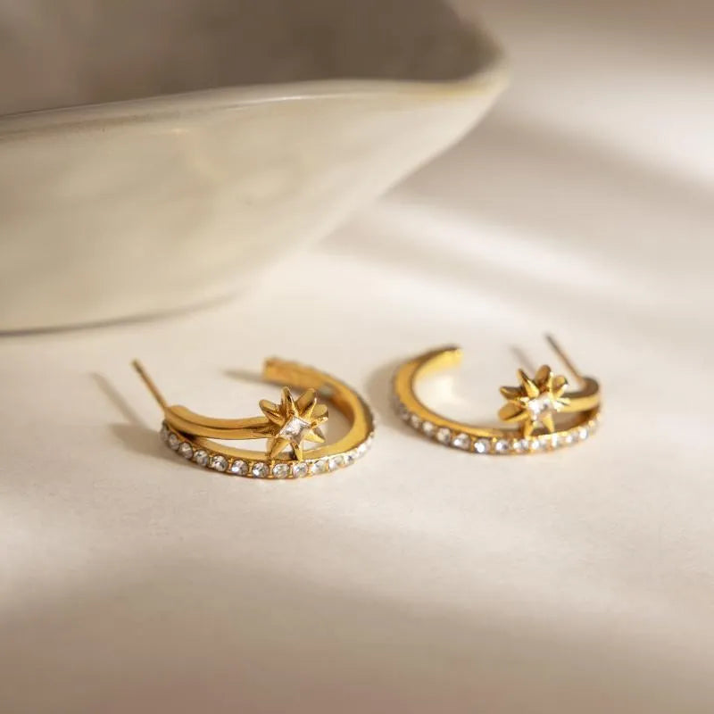North Star Zirconia Double Hoop Earrings – Waterproof 18K Gold