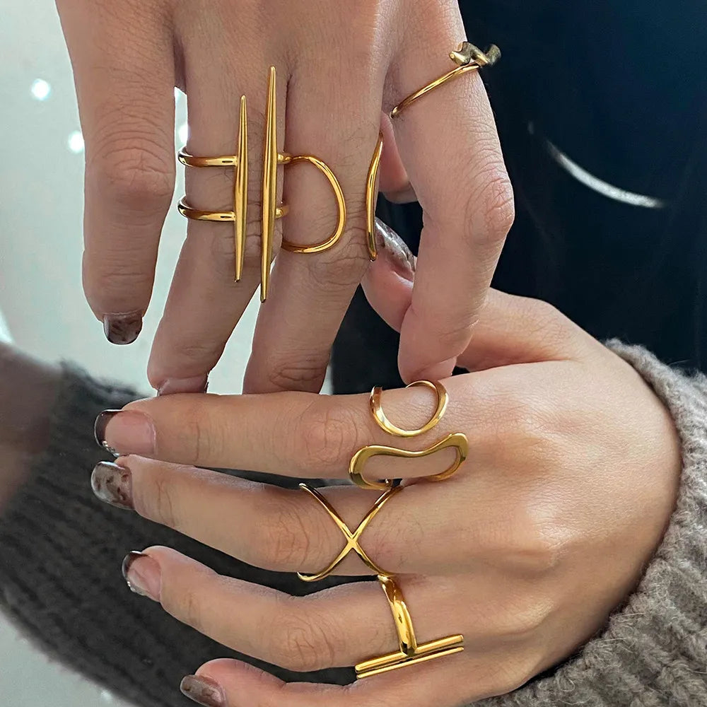 Waterproof Sculptural Geometric Cuff Open Rings