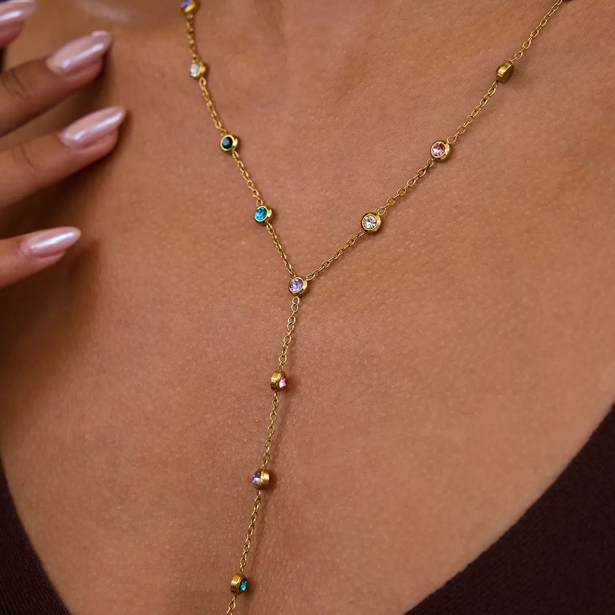Waterproof Multicolor CZ Lariat Y-Necklace
