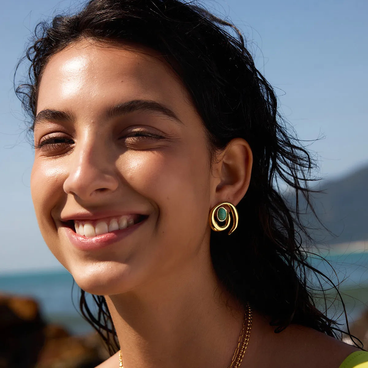 Waterproof Amazonite Gold Ocean Swirl Studs