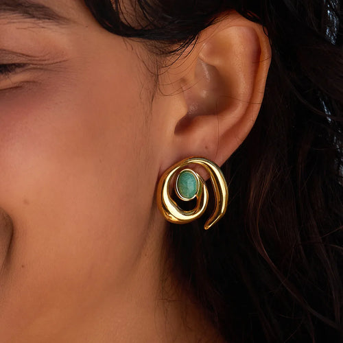 Waterproof Amazonite Gold Ocean Swirl Studs