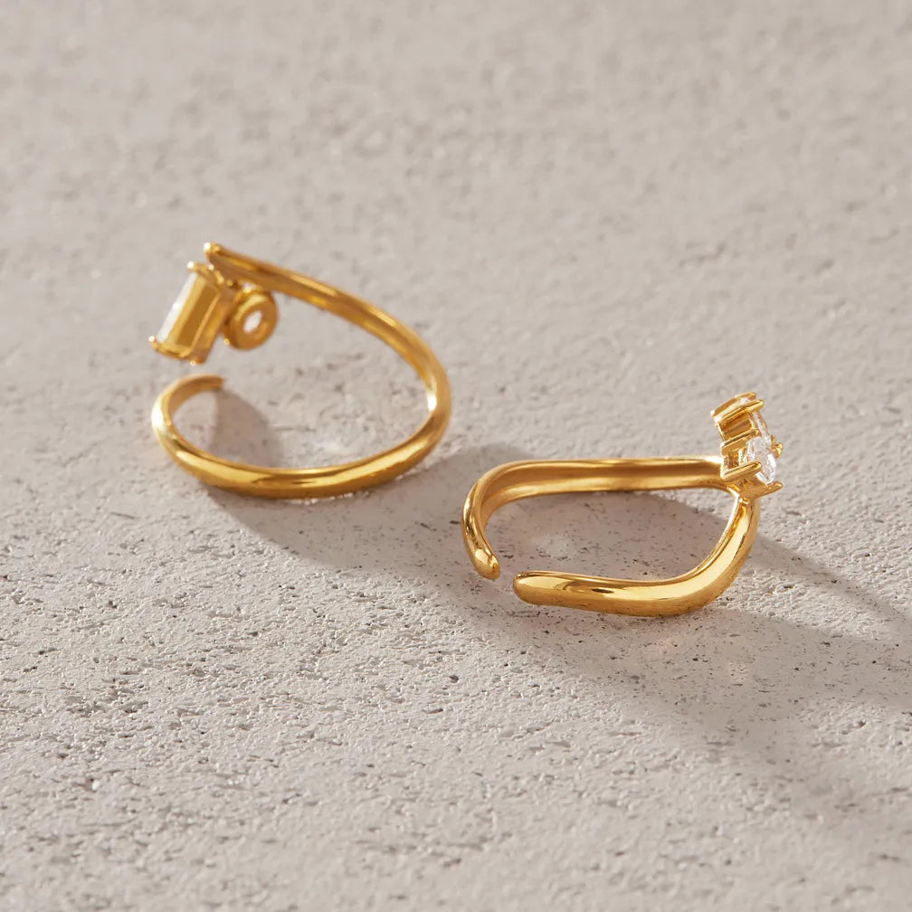 Mixed-Cut CZ Bypass Open Ring – Waterproof 18K Gold