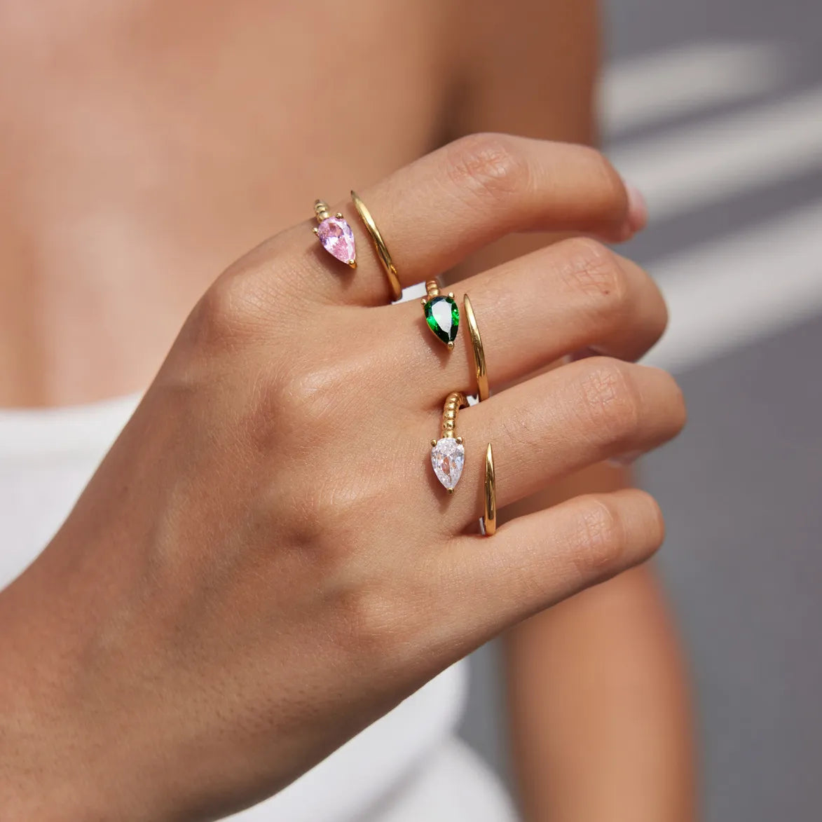 Waterproof Asymmetrical Pear CZ Open Ring