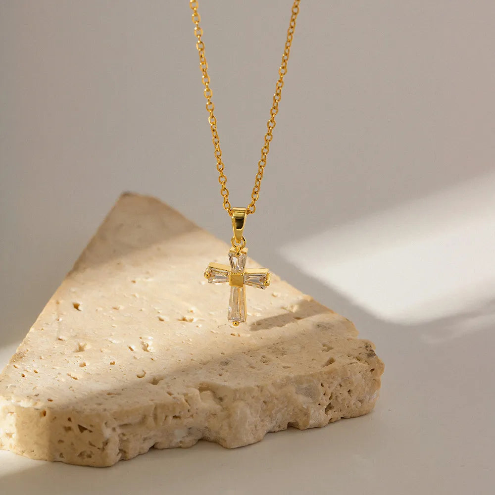Waterproof Gold Baguette CZ Cross Necklace