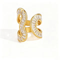 Waterproof Stainless Steel Baguette CZ Statement Rings | Gold Wavy Abstract Open Bands