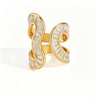 Waterproof Stainless Steel Baguette CZ Statement Rings | Gold Wavy Abstract Open Bands
