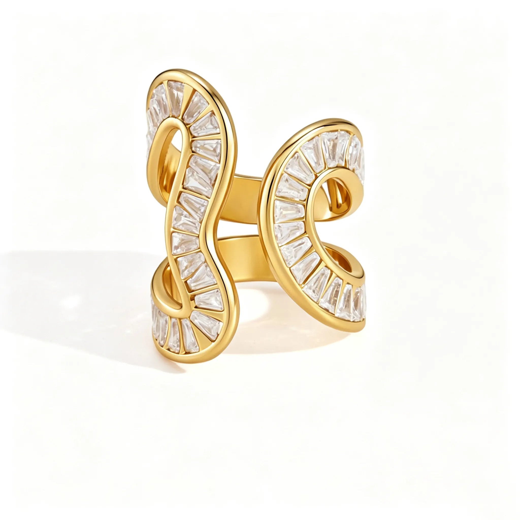 Waterproof Stainless Steel Baguette CZ Statement Rings | Gold Wavy Abstract Open Bands