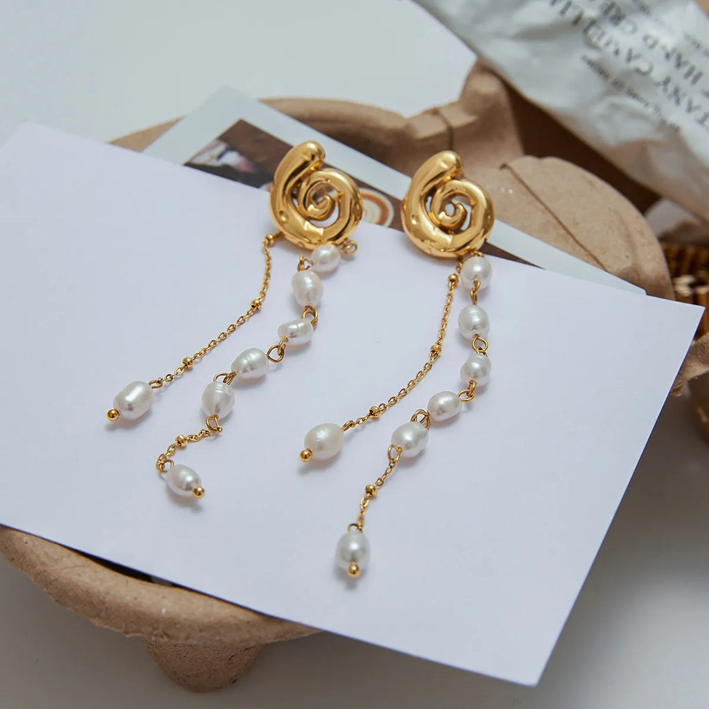 Waterproof Spiral Chain Tassel Pearl Drop Earrings