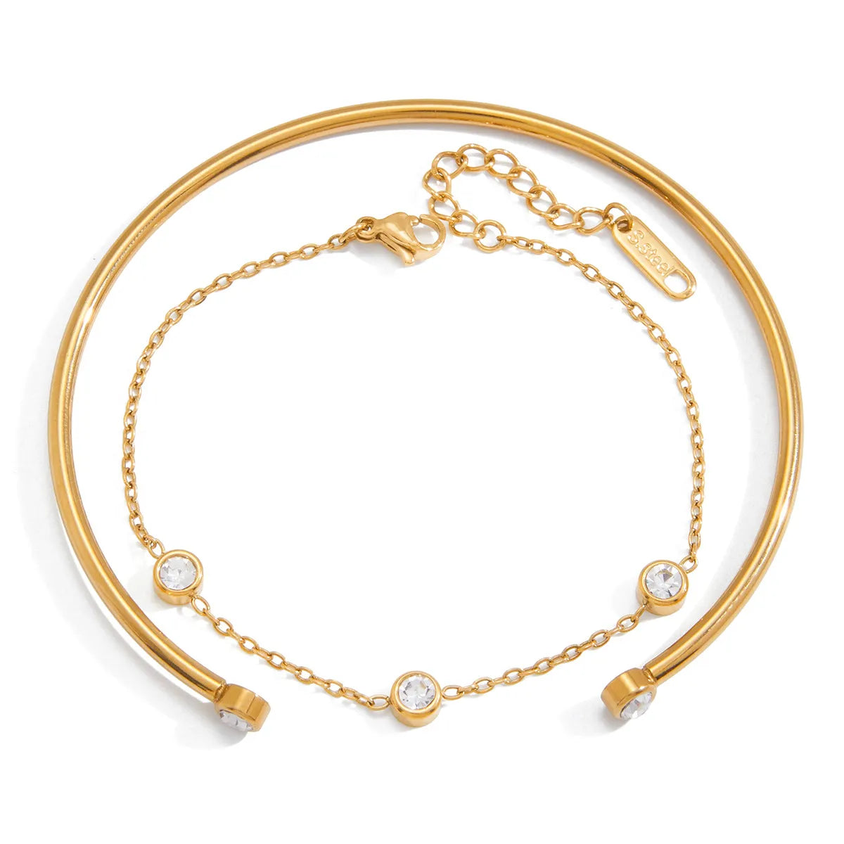 Waterproof Gold Bezel Bangle & Chain CZ Bracelet Set