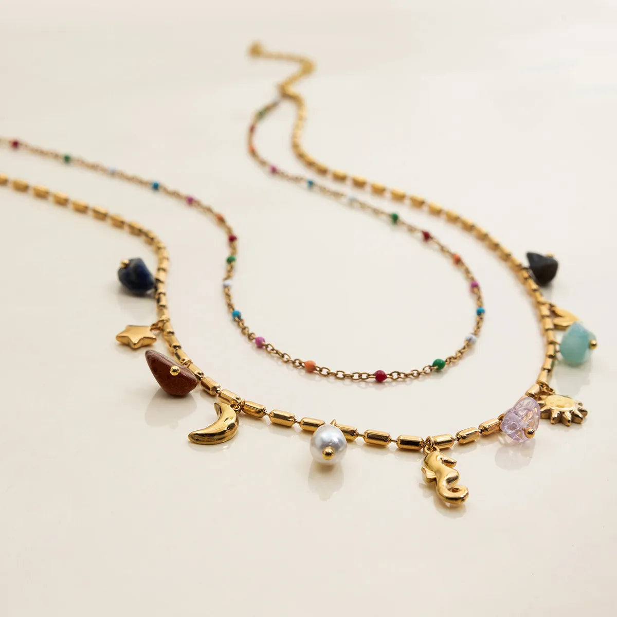 Waterproof Natural Stone & Pearl Layered Necklace