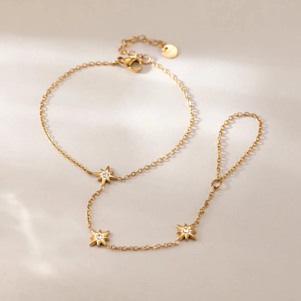 CZ Star Hand Chain Bracelet with Ring – Waterproof 18K Gold