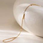 Bar & CZ Geometric Hand Chain Bracelet with Ring – Waterproof 18K Gold