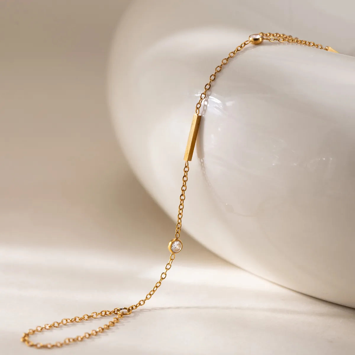 Bar & CZ Geometric Hand Chain Bracelet with Ring – Waterproof 18K Gold