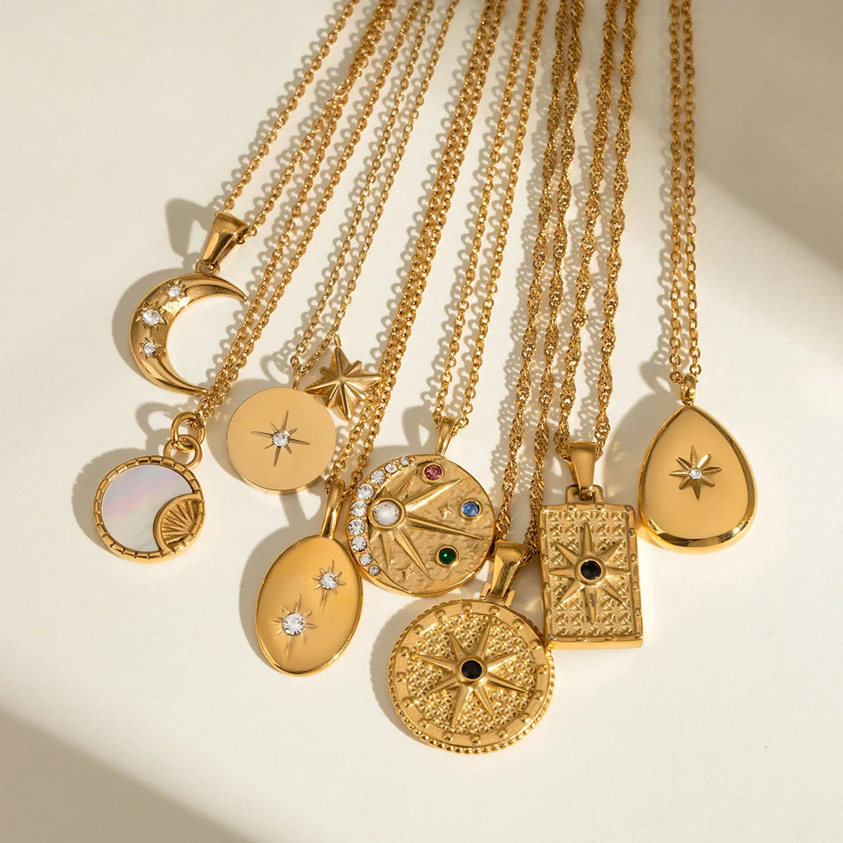 Waterproof Gold CZ Coin Pendant Celestial Necklace