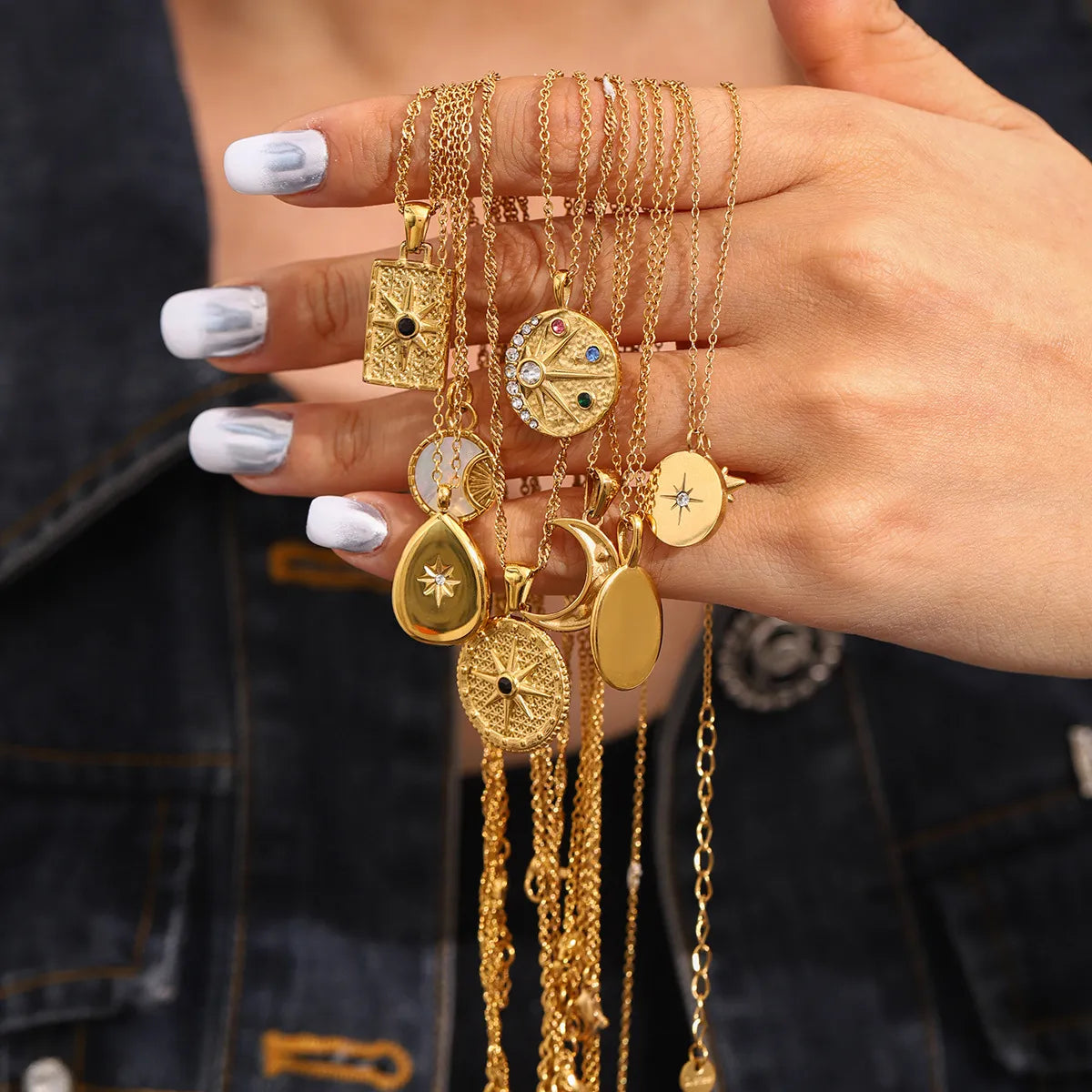 Waterproof Gold CZ Coin Pendant Celestial Necklace
