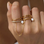 Waterproof Gold Chain Ring & Pearl Stacking Ring