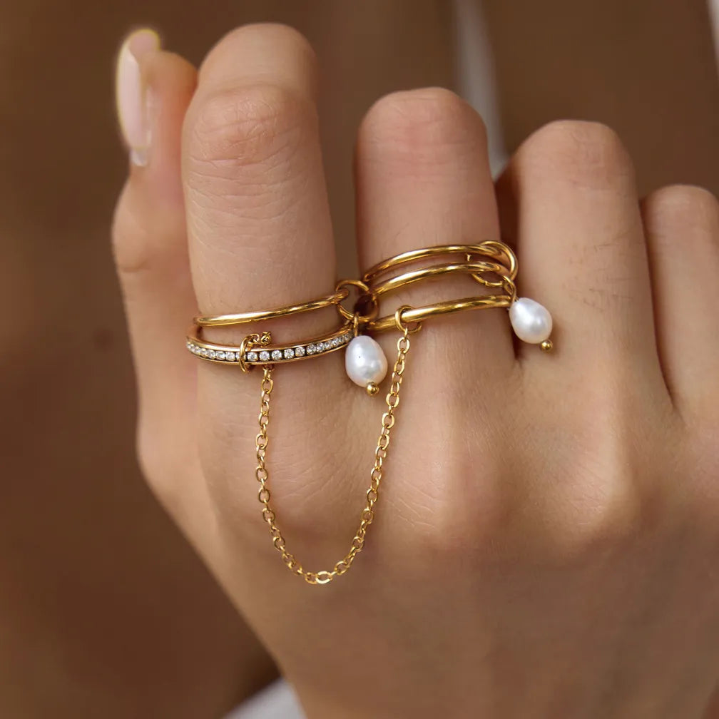 Waterproof Gold Chain Ring & Pearl Stacking Ring