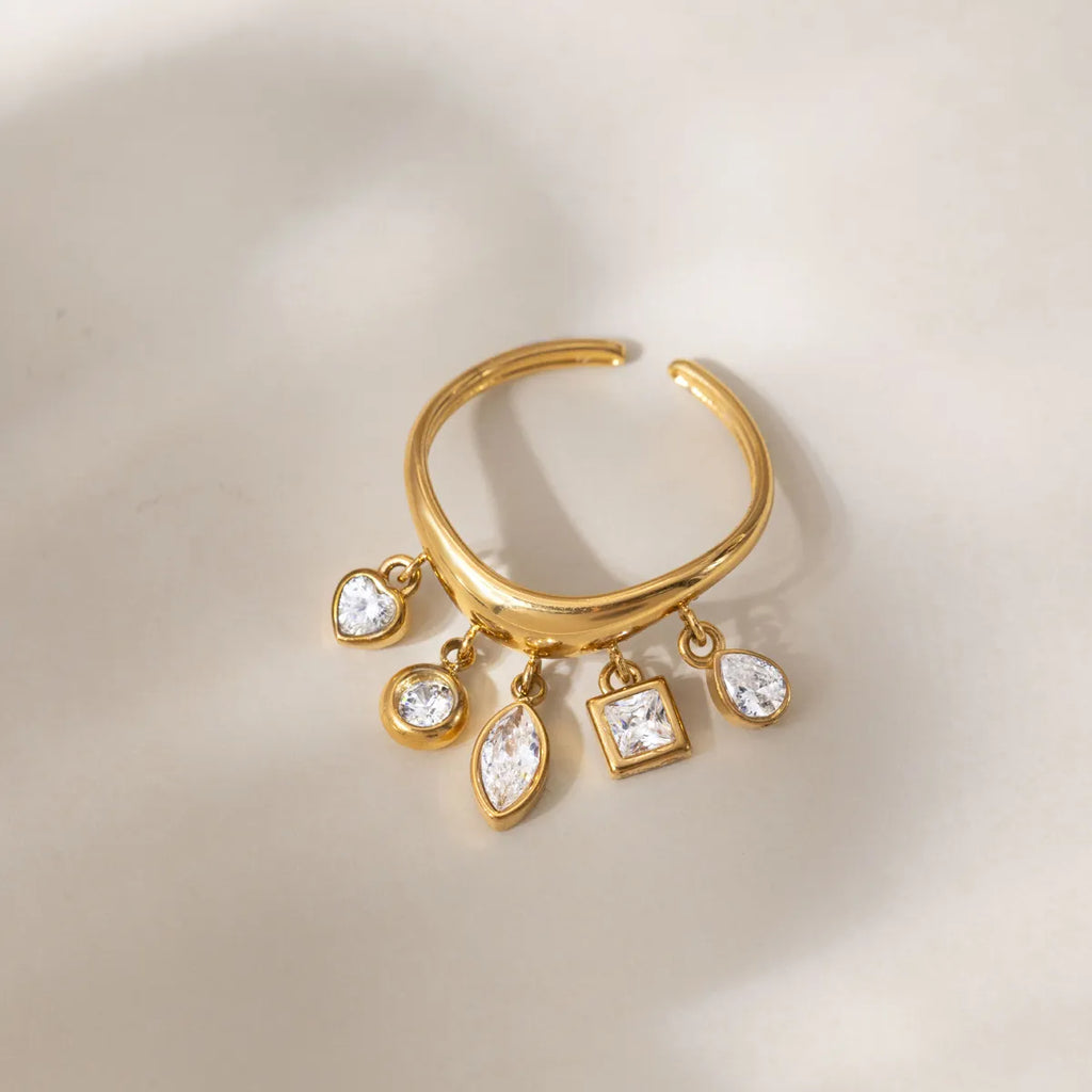 Dangling Multi-Cut CZ Charm Open Ring – Waterproof 18K Gold