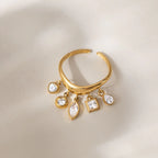 Dangling Multi-Cut CZ Charm Open Ring – Waterproof 18K Gold