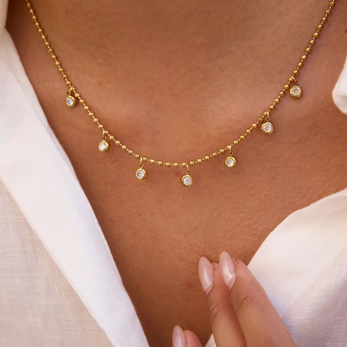 Waterproof CZ Station Necklace | Gold Beaded Choker