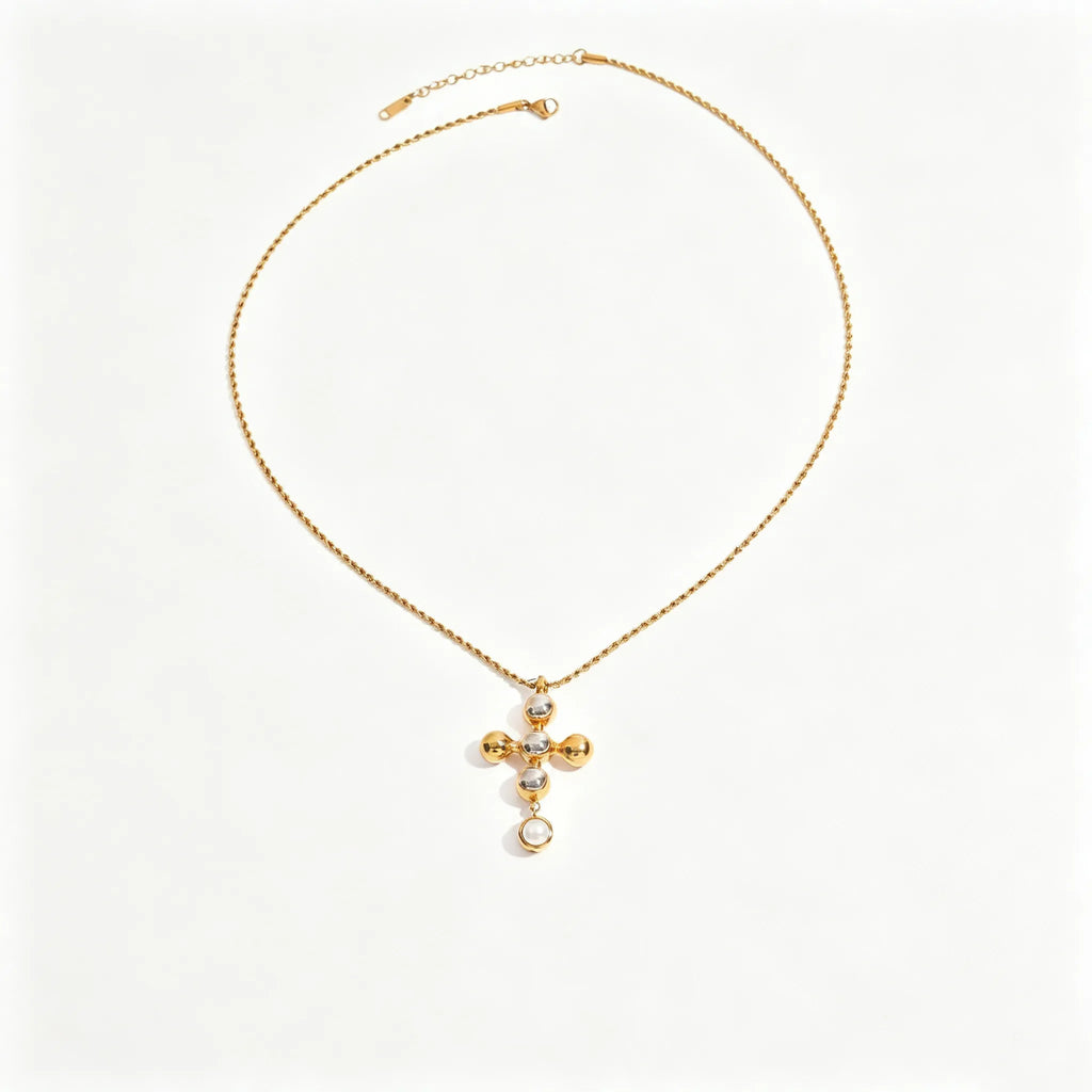 Waterproof Stainless Steel Chunky Charm Necklace | Gold Cross & Heart Layered Chain
