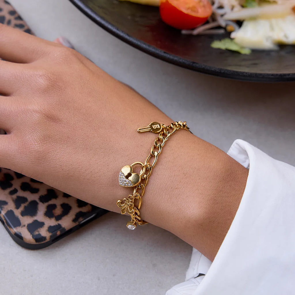 Waterproof Heart Padlock & Key Cuban Link Charm Bracelet