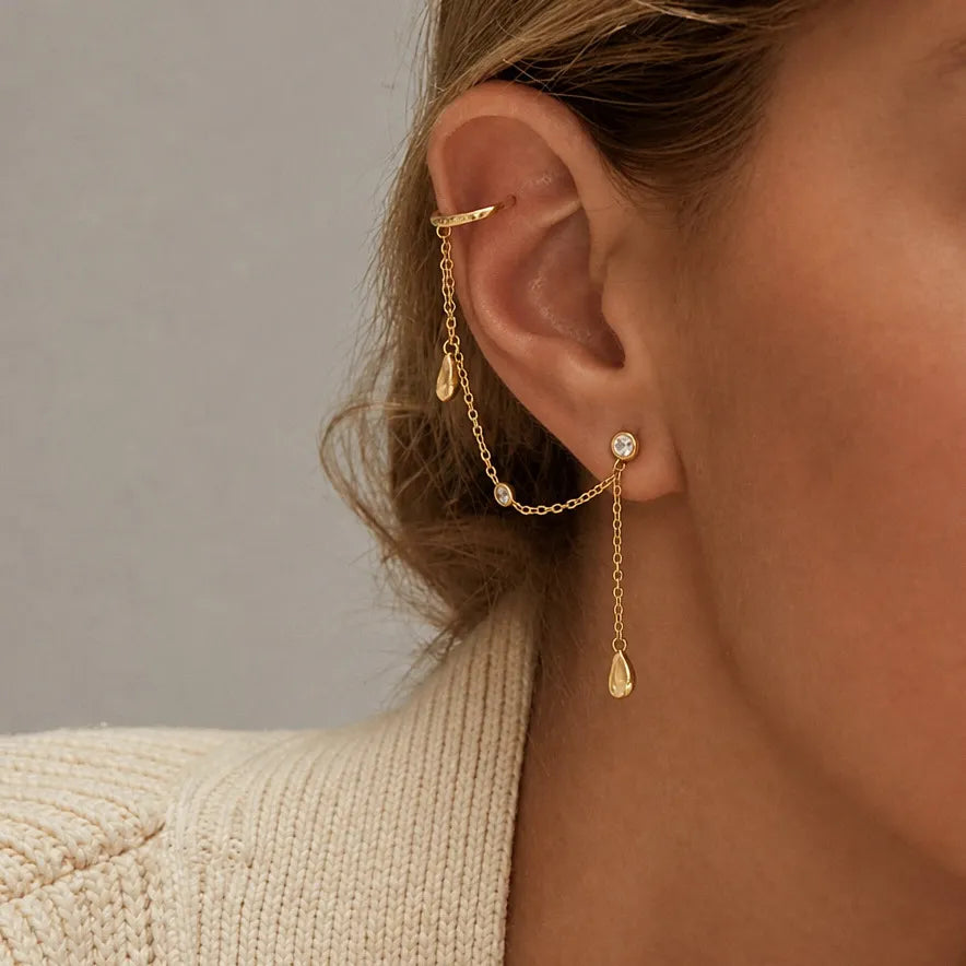Waterproof Chain CZ Dangle Stud Ear Cuffs