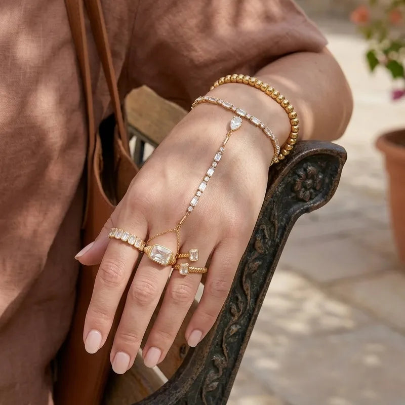 Waterproof CZ Hand Chain Bracelet Ring