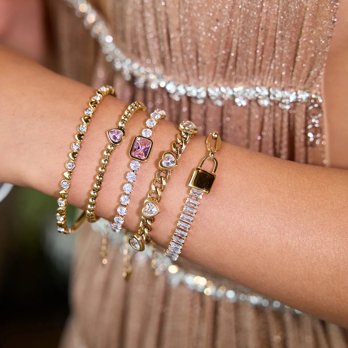 Waterproof CZ Gold Heart & Tennis Bracelet