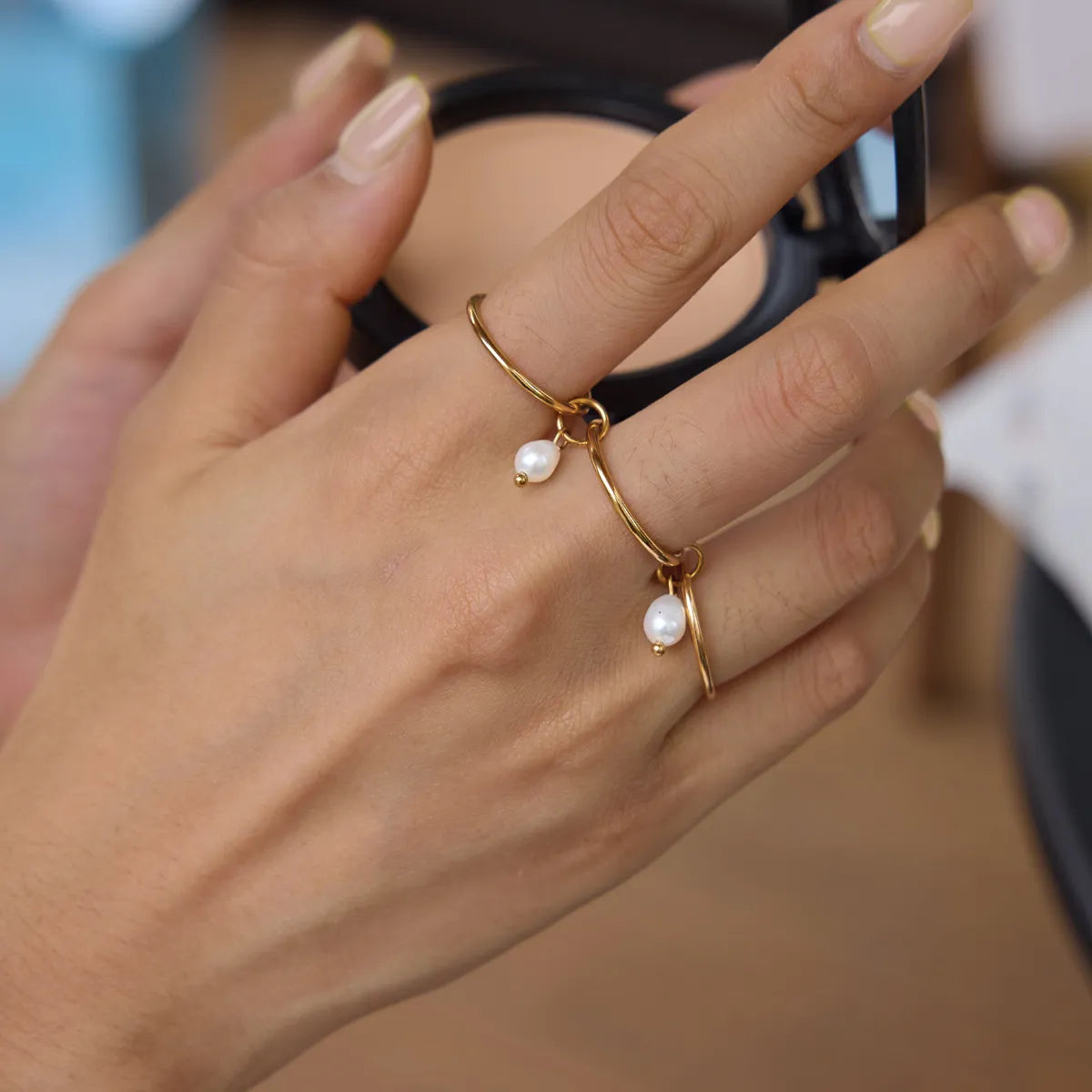 Waterproof Gold Chain Ring & Pearl Stacking Ring