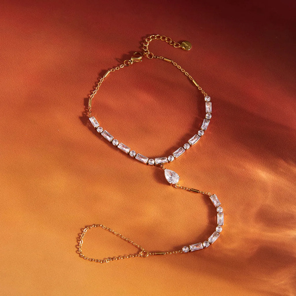 Waterproof CZ Hand Chain Bracelet Ring
