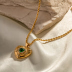Waterproof Vintage Emerald Heart Necklace