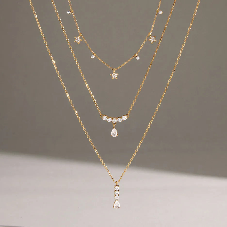 Waterproof Dainty Star & Drop Pendants CZ Layering Necklace