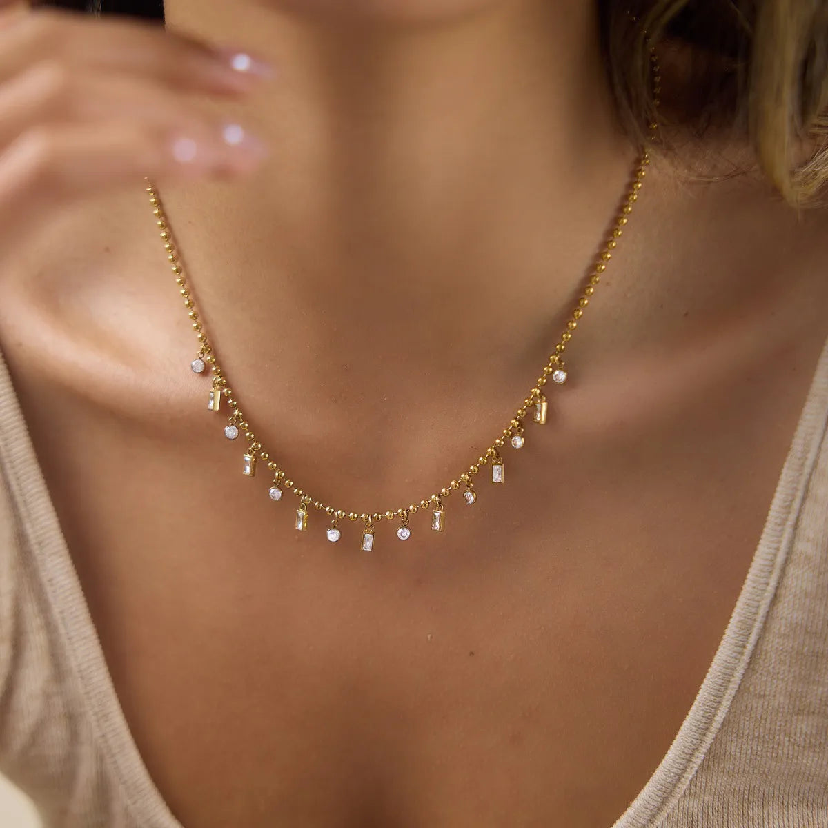 Waterproof CZ Station Necklace