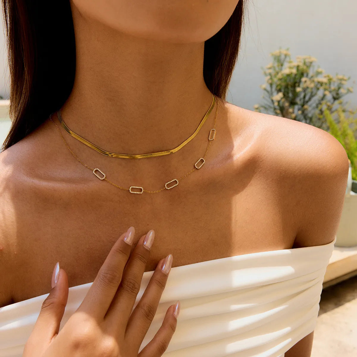 Waterproof Herringbone Stack CZ Station Necklace
