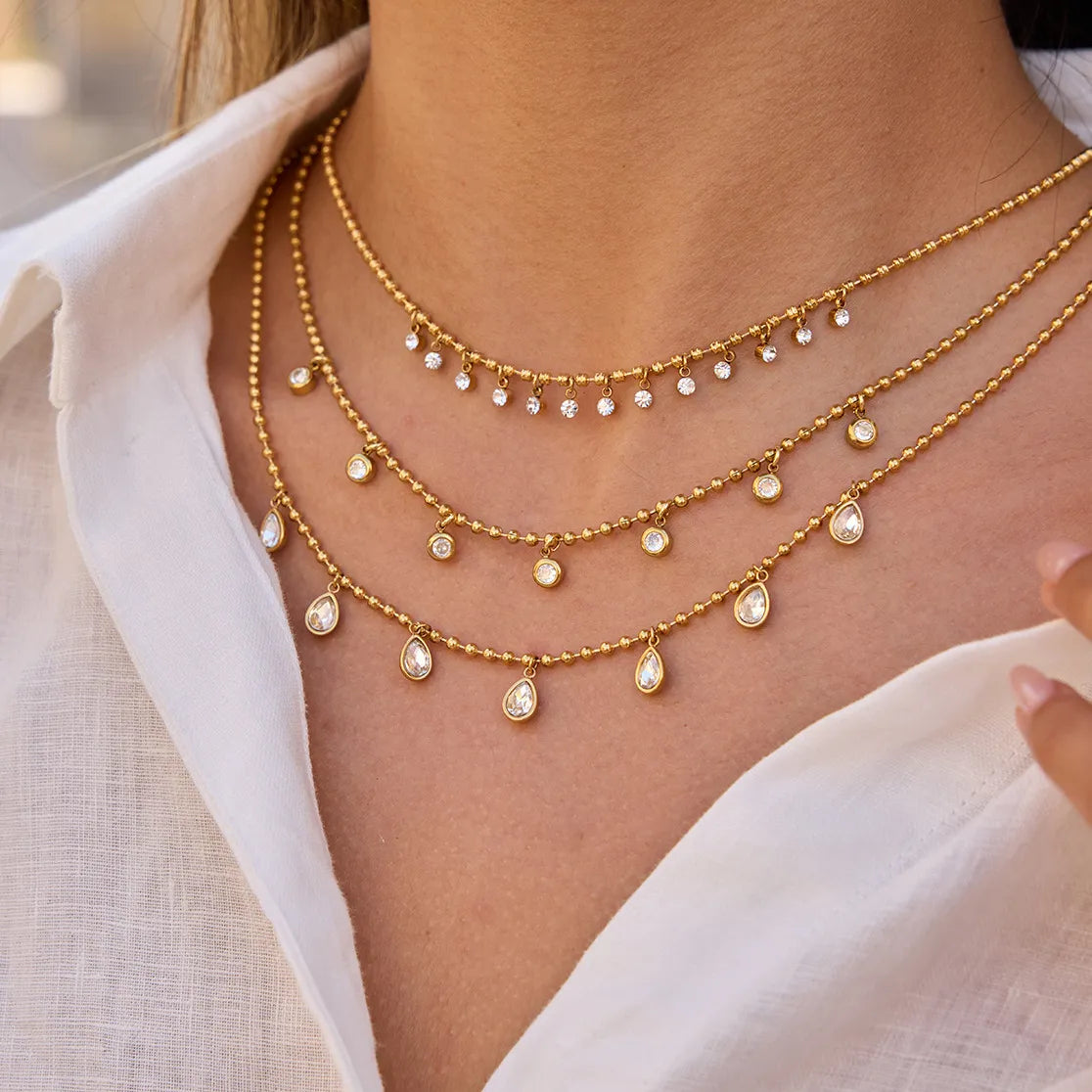 Waterproof CZ Station Necklace | Gold Beaded Choker