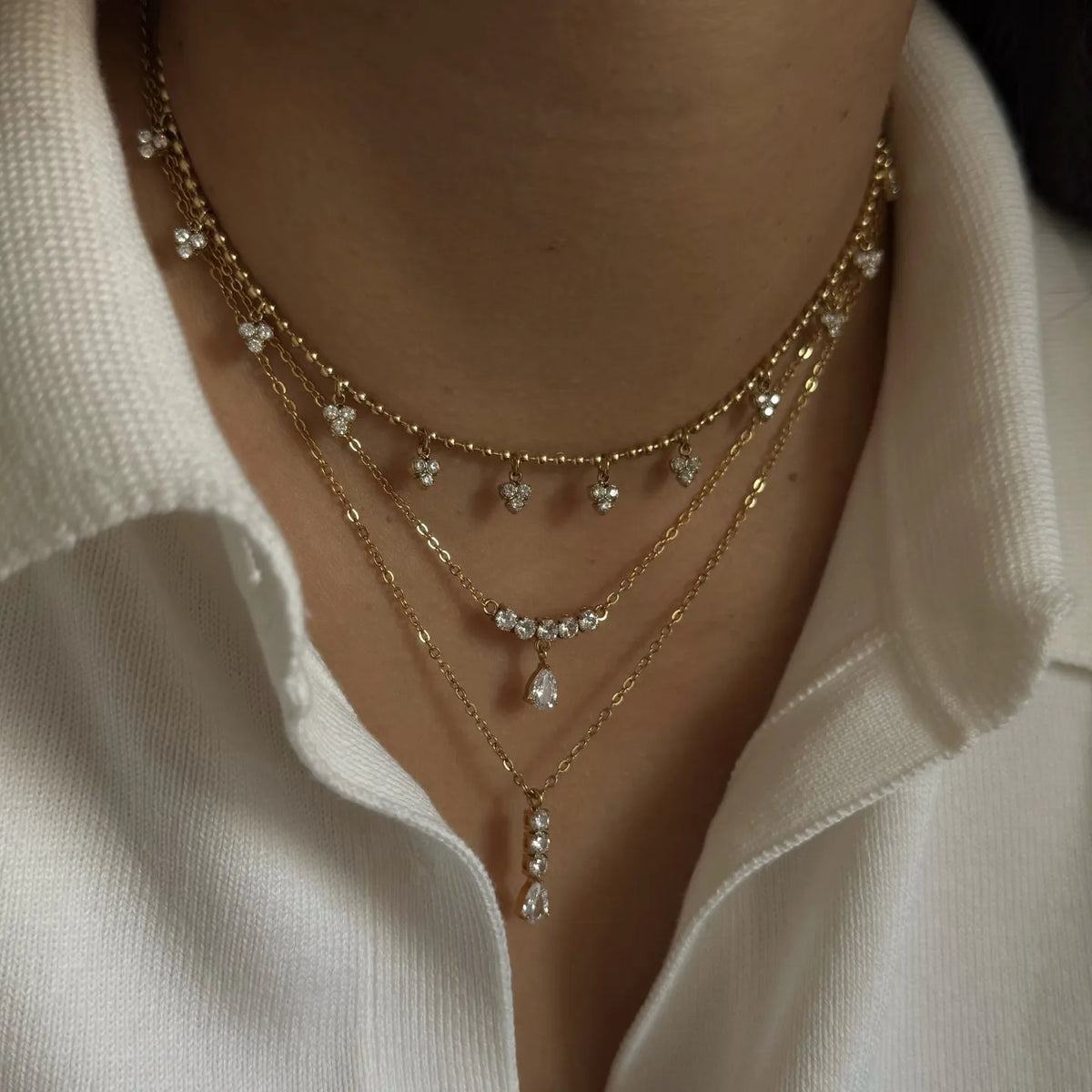 Waterproof Dainty Star & Drop Pendants CZ Layering Necklace