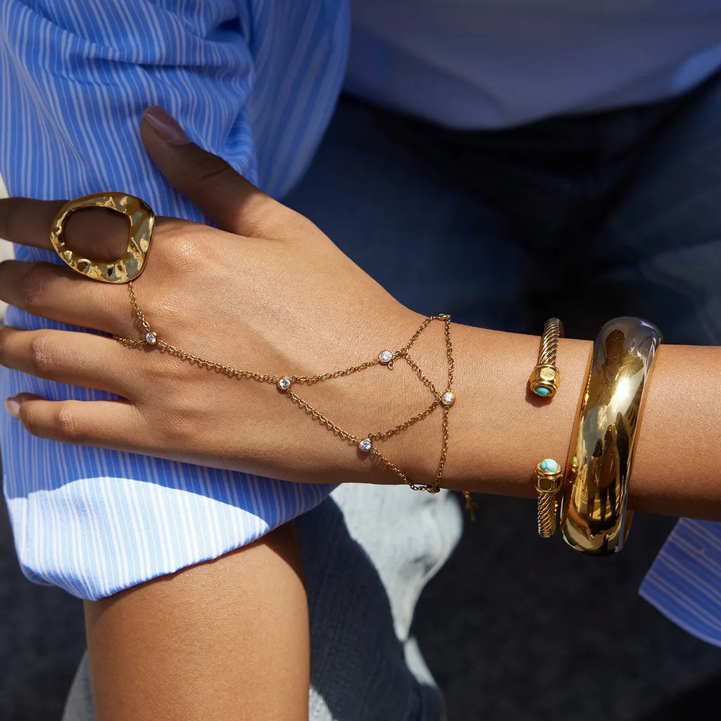 Waterproof CZ Hand Chain Layered Bracelet with Ring