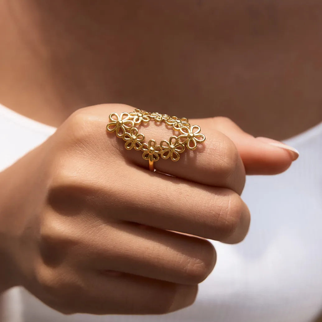 Waterproof Gold Retro Floral Open Band Ring
