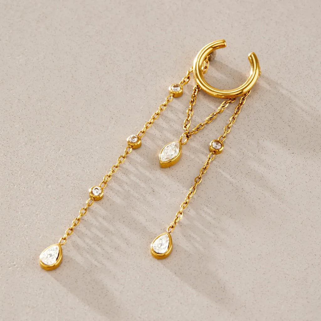 Multi-Chain CZ Dangle Ear Cuff (single)– Waterproof 18K Gold