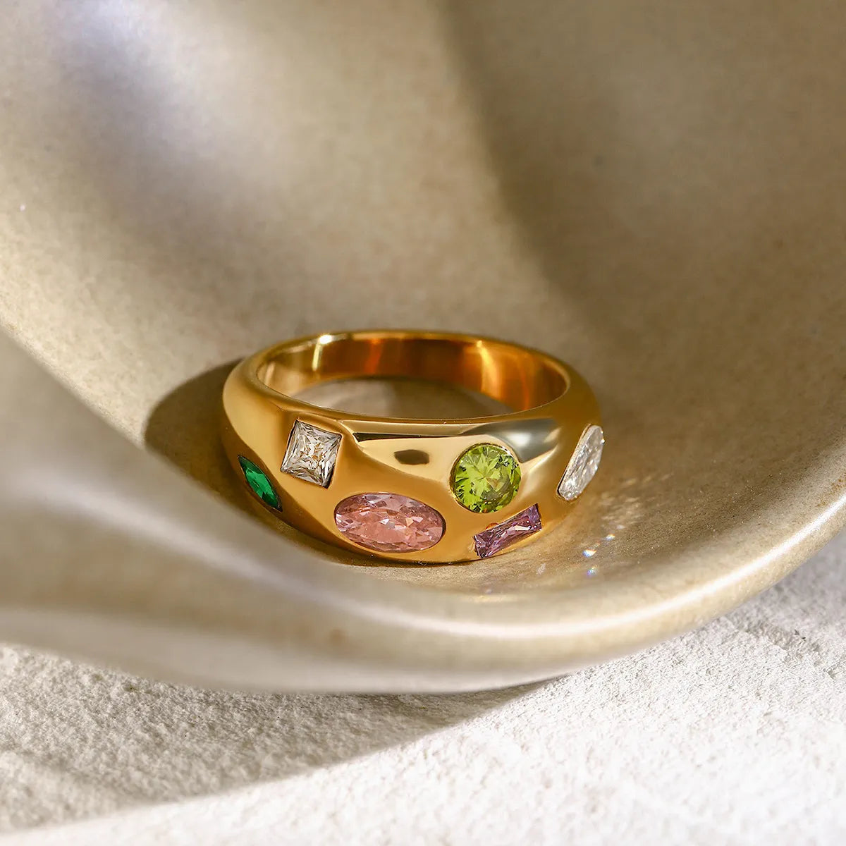 Waterproof Gold Multi-Color CZ Chunky Dome Ring