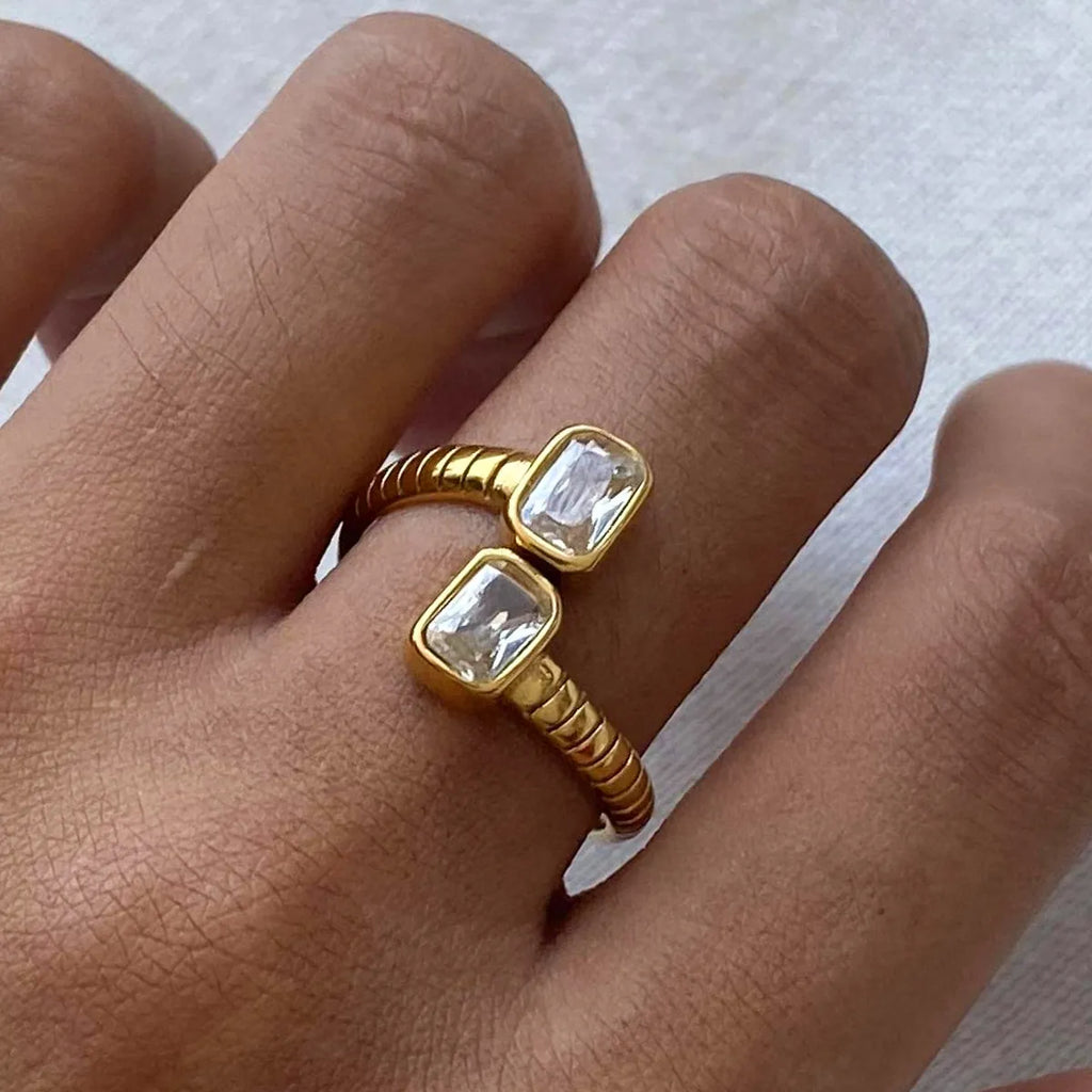 Waterproof Gold Ribbed Open Band Dual CZ Ring