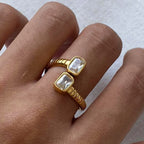 Waterproof Gold Ribbed Open Band Dual CZ Ring