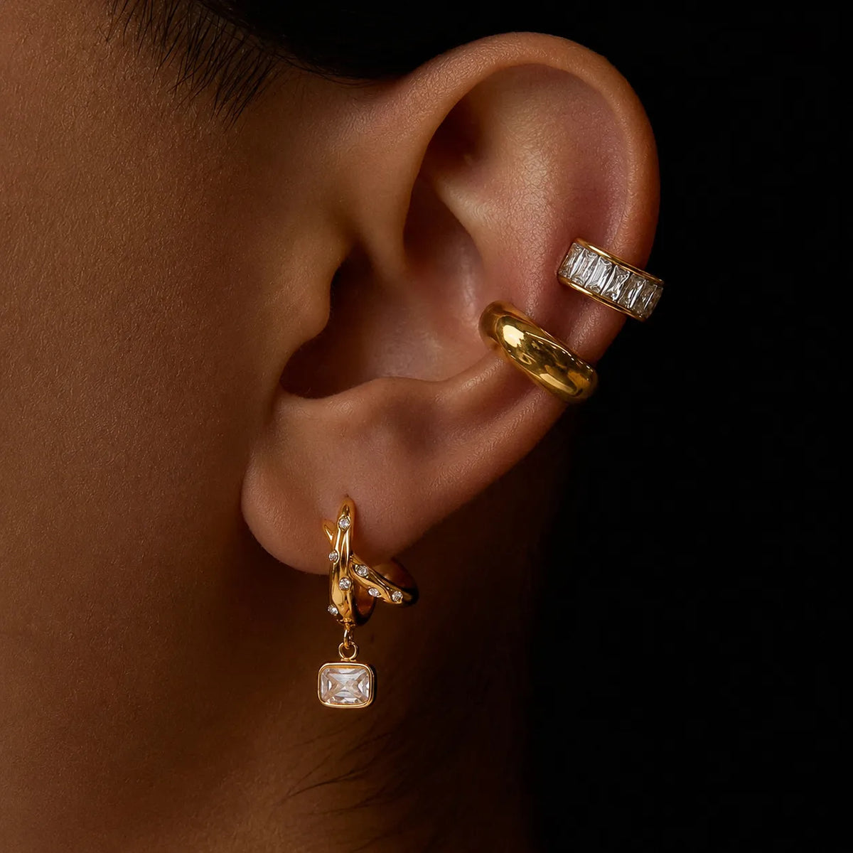Waterproof Gold Ear Cuff & Dangle Earring