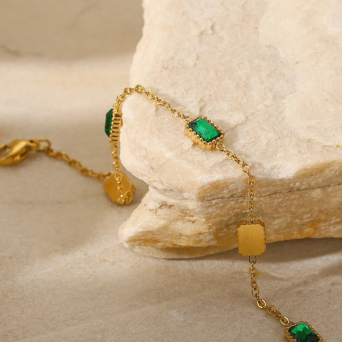 Waterproof Gold Station Chain Green CZ Bracelet