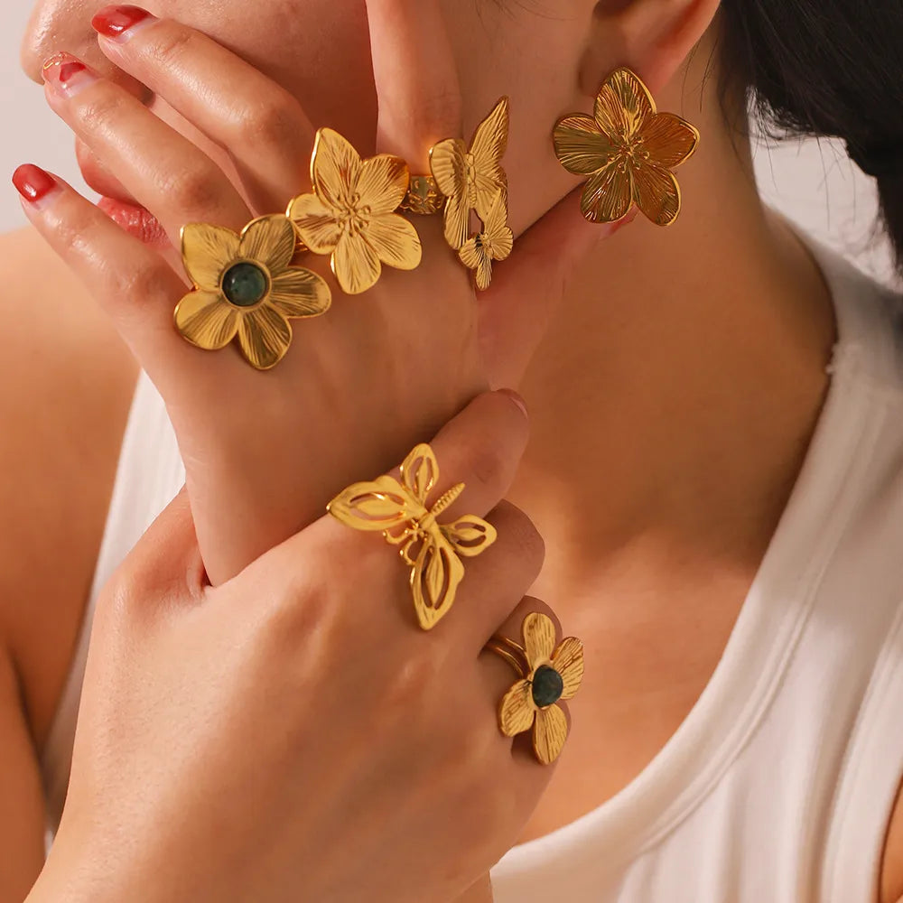 Waterproof Gold Butterfly & Flower Open Rings