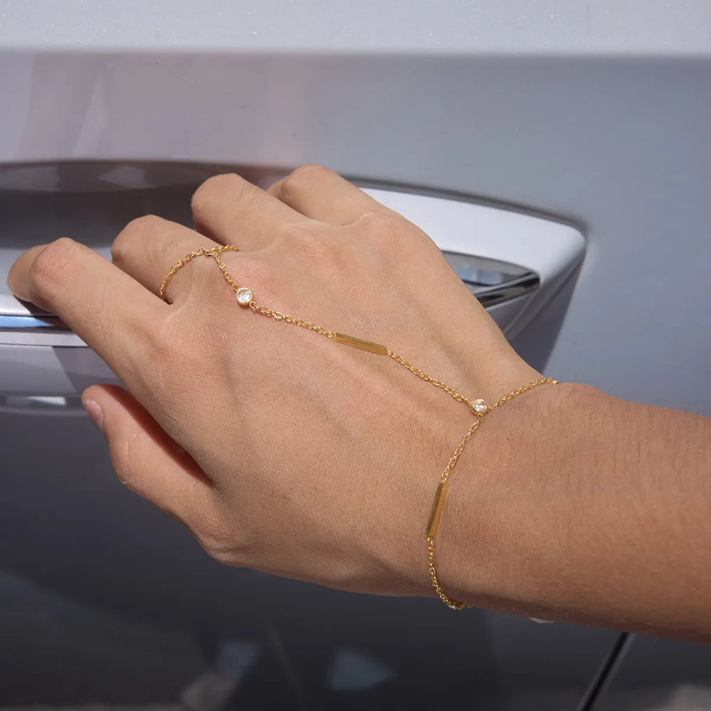 Bar & CZ Geometric Hand Chain Bracelet with Ring – Waterproof 18K Gold